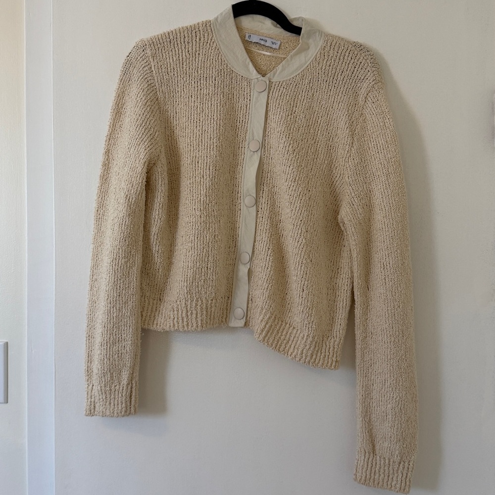 Mango Cream Button-Up boucle bomber Cardigan VGUC